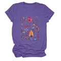 Close-up of colorful floral art print on a purple cotton blend short sleeve t-shirt - Purple
