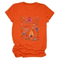Detail showing hand-painted floral print on an orange cotton crewneck t-shirt - Orange