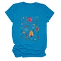 Detail of lake blue round neck T-shirt featuring colorful watercolor floral print and rolled cuffs - Lake Blue