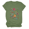 Detail of floral print on olive green short sleeve T-shirt with vintage botanic patterns - Olive Green
