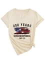 Detail of V-neck apricot cotton t-shirt with 250 years semiquincentennial flag print - Sand (Black Print)