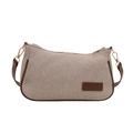 Bolso baguette minimalista de sarga beige con ribete de cuero marrón y herrajes dorados - Caqui