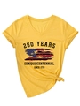 Detail of yellow V-neck tee with 250 years semiquincentennial print and side-tied knot - Yellow (Black Print)