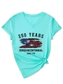 Detail of teal V-neck tee with 250 Years Semiquincentennial print and knotted hem - Deep Water Blue (Black Print)