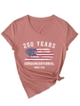 Detail of V-neck shirt featuring 250 Years Semiquincentennial print and American flag - Rose Gold (White Print)