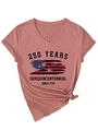 Detail of dusty pink V-neck T-shirt with 250 Years Semiquincentennial flag print - Rose Gold (Black Print)