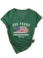 Detail of dark green V-neck T-shirt with 250 Years graphic and front knot detail - Retro Green (White Print)