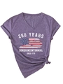 Close-up of Semiquincentennial graphic print and knotted hem on purple V-neck t-shirt - Purple (White Print)