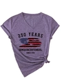 Detail of purple V-neck T-shirt with knotted hem and 250 years anniversary print - Purple (Black Print)