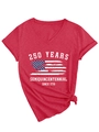 Detail of red V-neck tee with 250 Years Semiquincentennial since 1776 vintage flag print - Red (White Print)