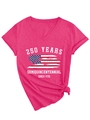 Detail of V-neck rose pink T-shirt with 250 Years Semiquincentennial print and knotted hem - Rose Red (White Print)