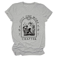 Detail of Just One More Chapter graphic print with skeleton reading on grey cotton t-shirt - Light Grey (Black Text)
