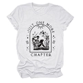 Detailed close-up of Just One More Chapter skull and floral print on white cotton tee - White (Black Text)