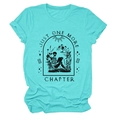 Detail of teal cotton T-shirt featuring a retro skeleton reading a book illustration - Deep Water Blue (Black Text)