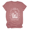Detail of Just One More Chapter print on dusty rose t-shirt with skull and floral graphics - Rose Gold (White Text)