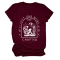 Detail of Just One More Chapter burgundy cotton T-shirt with white skeleton reading print - Wine Red (White Text)