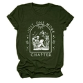 Flat lay of dark green t-shirt featuring skeleton reading floral book art and quote - Army Green (White Text)