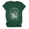 Close-up of skeleton reading illustration on dark green cotton t-shirt with white graphic - Retro Green (White Text)
