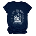 Detail of Just One More Chapter print on navy blue cotton t-shirt with skeleton and flowers - Navy Blue (White Text)