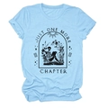 Light blue crew neck t-shirt featuring a skeleton reading books and 'Just One More Chapter' text - Light Blue (Black Text)