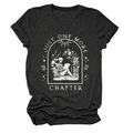 Detail of Just One More Chapter graphic print on dark gray heather cotton t-shirt - Heather Charcoal (White Text)