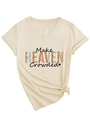 Dettaglio maglietta scollo a V color albicocca con stampa Make HEAVEN Crowded - S / Sabbia