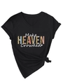 Detail of V-neck black T-shirt featuring Make Heaven Crowded print and knotted hem - S / Black