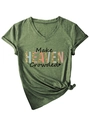 Detail of V-neck T-shirt in olive green with Make HEAVEN Crowded leopard print text - S / Olive Green