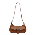 Caramel brown matte leather shoulder bag with buckle straps and front flap pocket - Brown