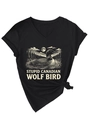 Détail du t-shirt noir à col en V avec imprimé huard et nœud décoratif sur le côté - Noir