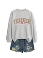Dettaglio della felpa grigia con stampa TEACHER e set di pantaloncini di jeans - S / Grigio