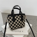 Sac fourre-tout pied-de-poule avec poignées en cuir noir et bandoulière longue amovible - Damier Noir sans Pendentif