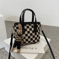 Checkerboard canvas handbag with black leather straps and cute rabbit charm accessory - Black Checkerboard with Charm