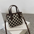 Checkerboard pattern crossbody tote bag with dark brown leather handles and gold hardware - Coffee Checkerboard No Charm