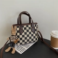 Chic checkerboard canvas handbag with brown leather straps and a cute bunny pendant - Coffee Checkerboard with Charm