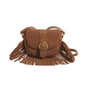 Borsa a sella bohémien in camoscio marrone con frange e fibbia dorata vintage - Cuoio