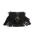 Borsa a sella nera vintage in pelle opaca con lunghe frange e fibbia dorata a ferro - Nero