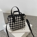 Classic houndstooth tweed crossbody bag with black faux leather handles and gold hardware - Black Houndstooth No Charm