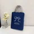Navy canvas laptop sleeve with light blue butterfly embroidery and ruffled grey handles - Small / Blue