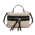 Sac boîte en toile tissée beige avec bordure en cuir noir et longs glands décoratifs - Noir