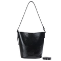Glossy black leather bucket bag with top handle and adjustable shoulder strap - Black