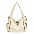 Retro cream white biker style tote bag with gothic cross and textured lychee pattern leather - White