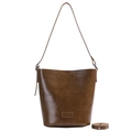 Brown vintage leather bucket bag with glossy finish and adjustable shoulder straps - Brown