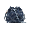 Sac seau en jean bleu foncé avec imprimé étoiles, bords effilochés et cordon de serrage - Étoile - Bleu
