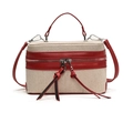 Sac boîte tissé beige chic avec bordure en cuir rouge et pompons élégants - Rouge