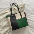 Multicolor patchwork PU leather tote bag in dark green and black with gold buckles - Green