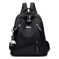 Minimalist black nylon large capacity backpack with silver zippers and bear charm - Black
