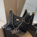 Classic black quilted hobo bag with gold chain strap and elegant twist lock closure - Large / Black