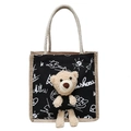Black canvas tote bag featuring a 3D plush bear ornament and rope handles - Letter Graffiti Black