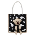 Cute canvas tote bag with black and white cow spots and a plush bear 3D decoration - Cow Pattern Black